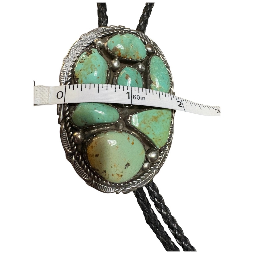 Sterling Silver Turquoise Bolo Tie Mens OS Green Southwestern Signed MT - Picture 3 of 6